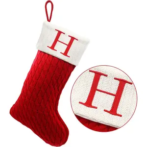 20 Inches Christmas Stockings with Initials, Large Embroidered Letter Knit Christmas Stocking for Family Holiday Decorations and Xmas Gift (H, Red)