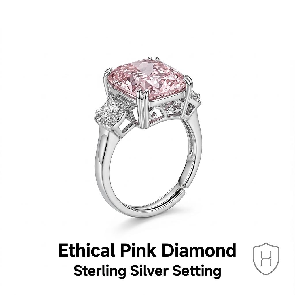 Luxury Cushion Cut Pink Diamond Ring, White Gold Plated Color Gemstone Ring, Elegant Party Index Finger Ring