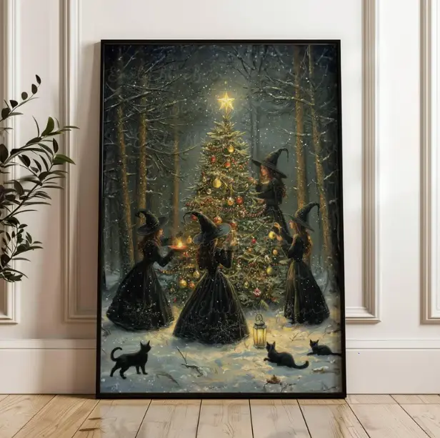 [25% OFF] [UNFRAMED]    Witchy Christmas Tree Wall Art Poster, Winter Forest Witches Christmas Tree Poster, Cozy Gothic Holiday Home Decor