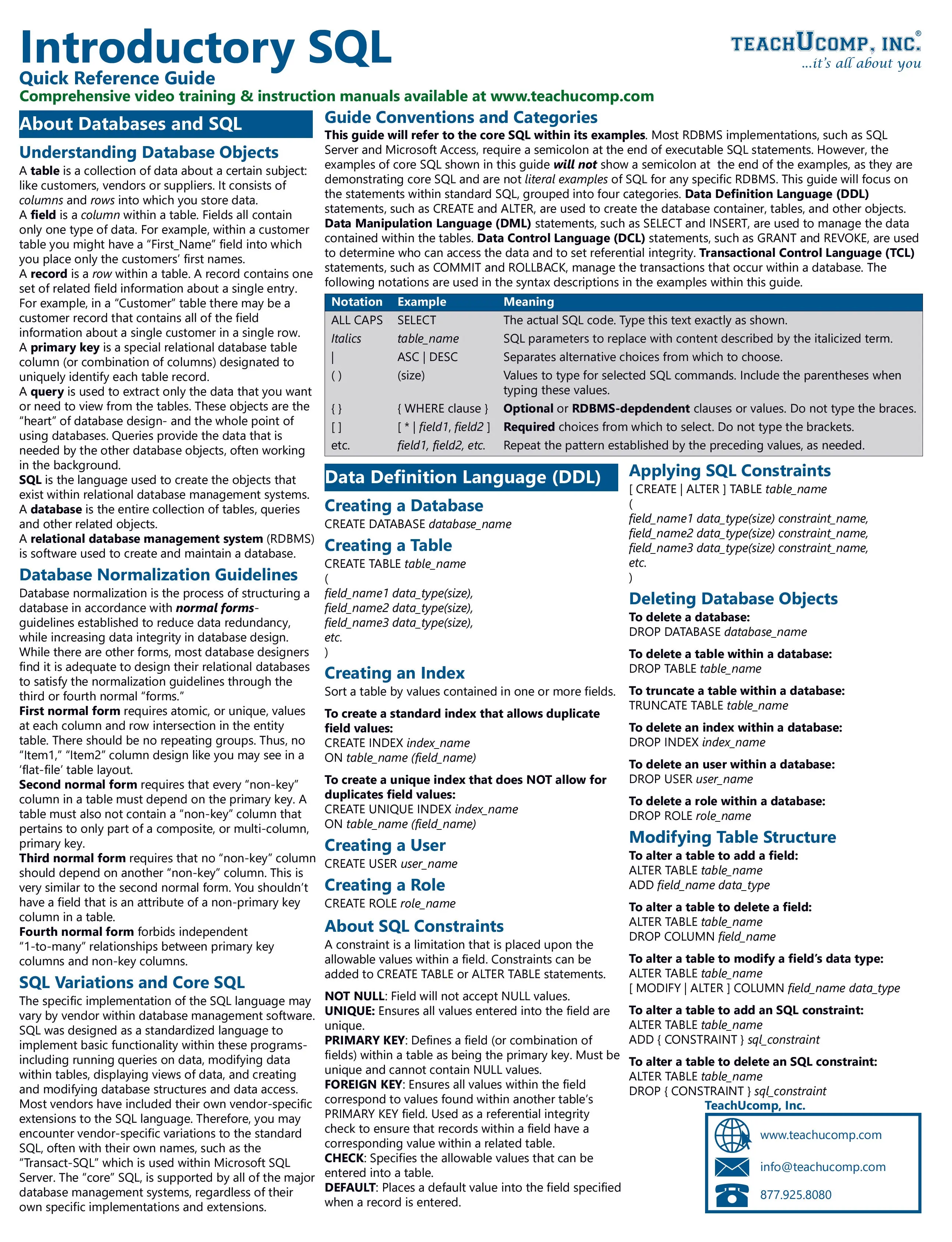 Introductory SQL Quick Reference Guide