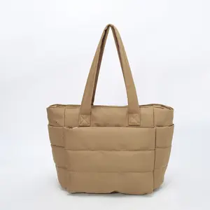 Pastel Pink Quilted Puffer Tote Bag For Women, Spacious Multi-Pocket Design With Sturdy Handles, Versatile For Work Commute, School, Travel And Everyday Use, Minimalist Solid Color Shoulder Bag With Multiple Compartments To Keep Essentials Organized