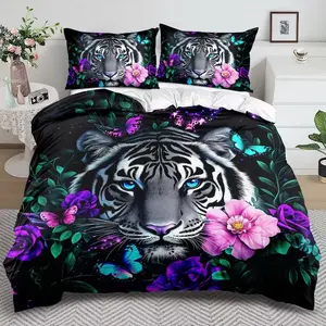 Tiger Theme Down Comforter Set, Soft Breathable Polyester Bedding, Animal Flower Print, Floral Patterns, All-Season Use, Includes Pillowcases