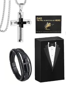 Father's Day gift: Jesus Christ Cross Religious Byzantine Chain, Woven Leather Bracelet Cuff Bangle Cross Magnetic Clasp 4-Piece Set Dad Ring Necklace with Black Gift Box Set, Suitable for Fathers, Fathers-in-Law, and New Dads, Hip Hop Gifts