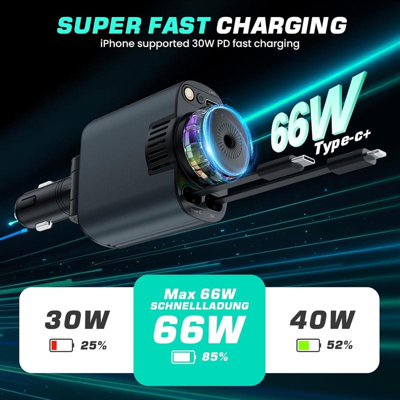 Starlight Retractable Car Charger with Car Aromatherapy Essential Oil Diffuser, Starlight in Car Roof 5 in 1 Fast, 2 Retractable Cables and USB C Car Charger Adapter, Compatible with iPhone 17