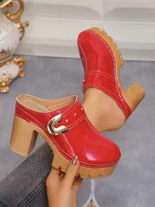 Plus Size Versatile Chunky Heel Mules, Multiple Colors Available, Metal Buckle Thick Sole Slippers, Commute and Date Shoes