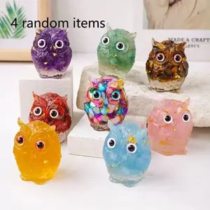 A random 4-piece set of intelligent guardian owl handcrafted resin crystal figurines. Ideal for decorative home items, creative Feng Shui desk decorations, artistic pieces, crystal embellishments, lucky charms, and home accessories, Decorative Ornaments