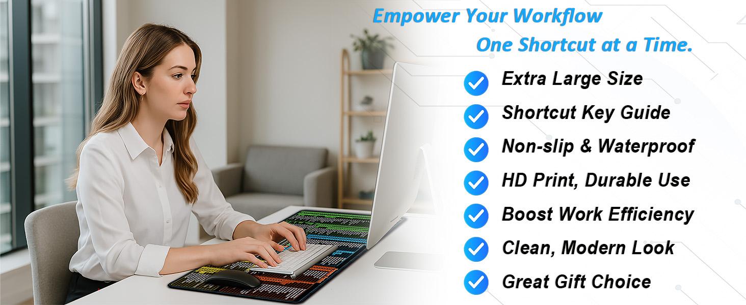 Shortcuts Mouse pad, Non-Slip & Waterproof Large Gaming Office pc Desk mat, Over 200 Keyboard Shortcuts Mousepad (27.6L x 11.8W inches)
