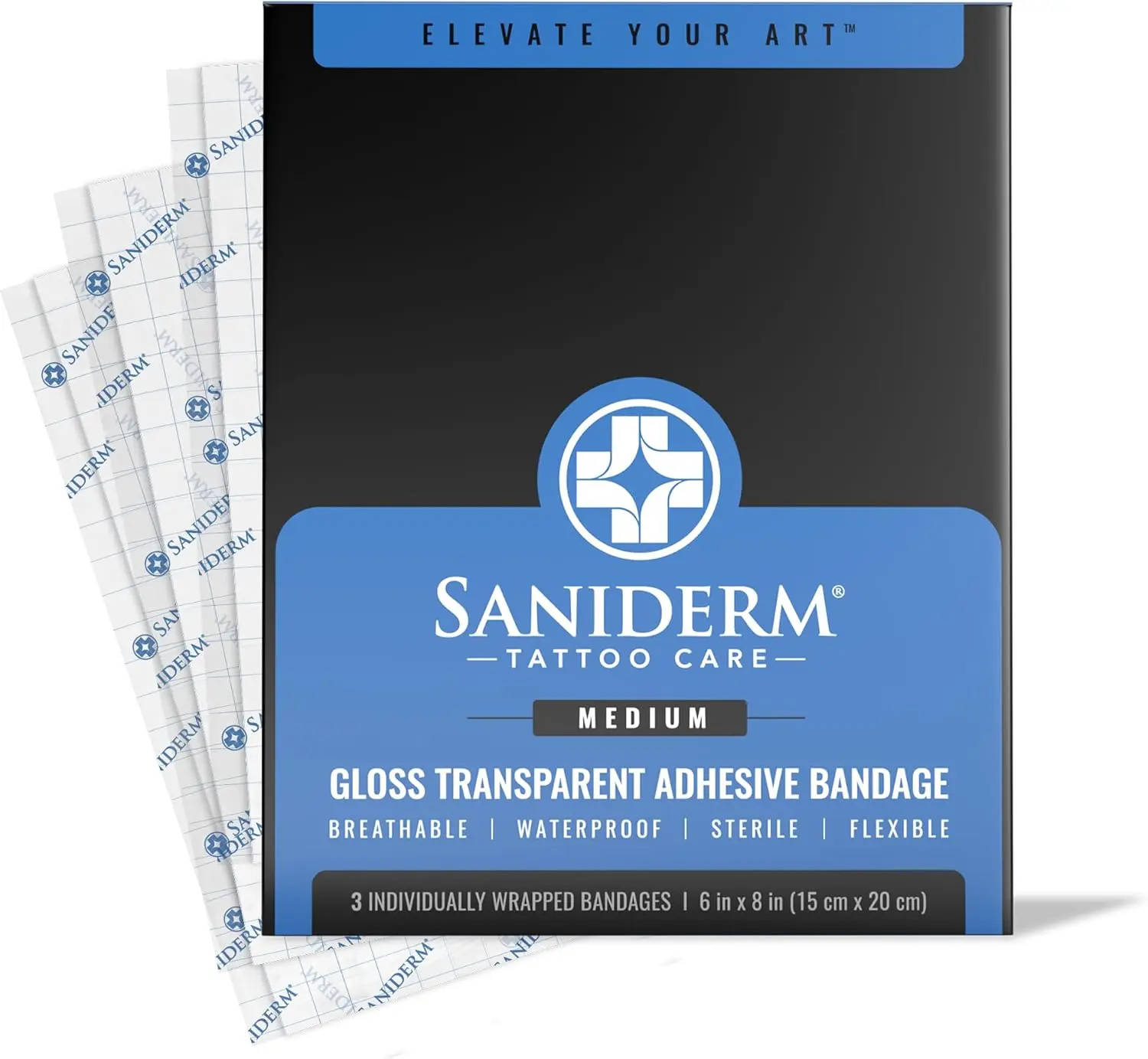 Saniderm Tattoo Aftercare Bandage 3 Sheets (Medium Pack, 6 in x 8 in) – Convenient, Faster Tattoo Healing and Protection – Sterile, Waterproof, and Latex-Free