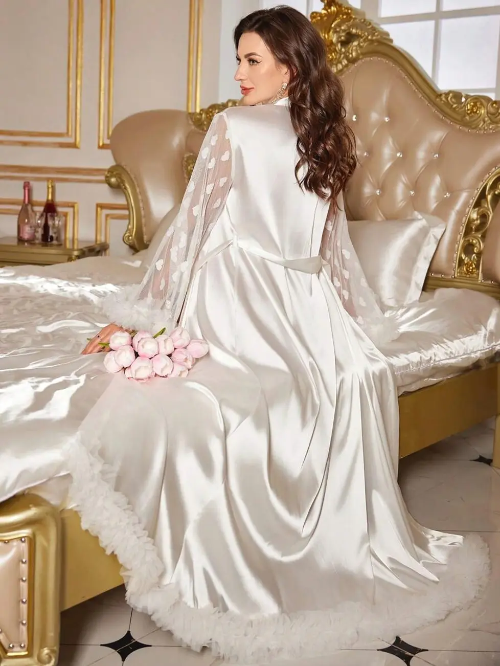3D Floral Decor Extra Long Luxurious Faux Silk Contrast Mesh Sleeve Robe