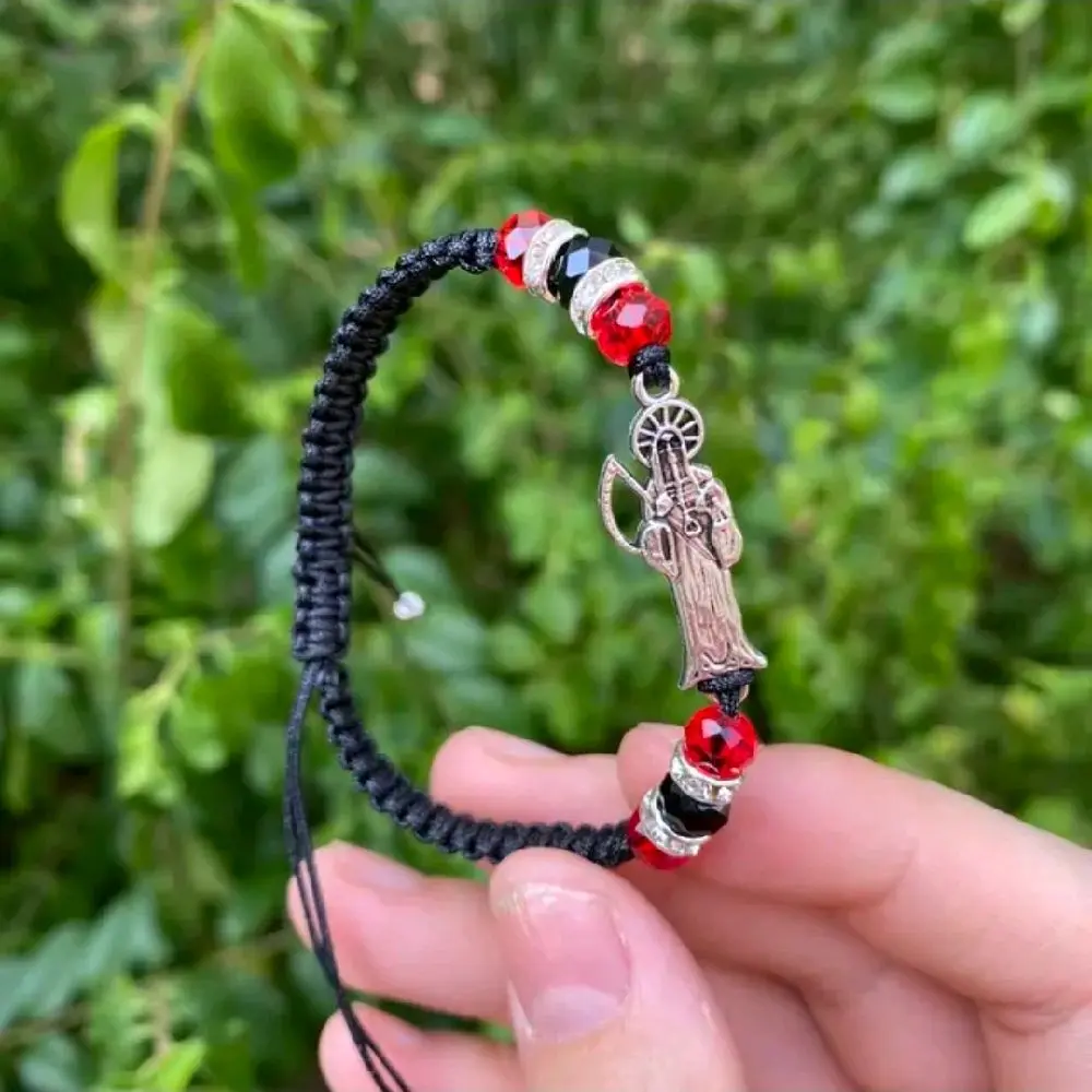 Unisex Adults Adjustable Macrame Braided Bracelet with Santa Muerte Charm - Multiple Colors, Pull-On, Spiritual Protection Talisman, Power Symbol, Religious Daily Casual Accessory, Durable Crafted Design