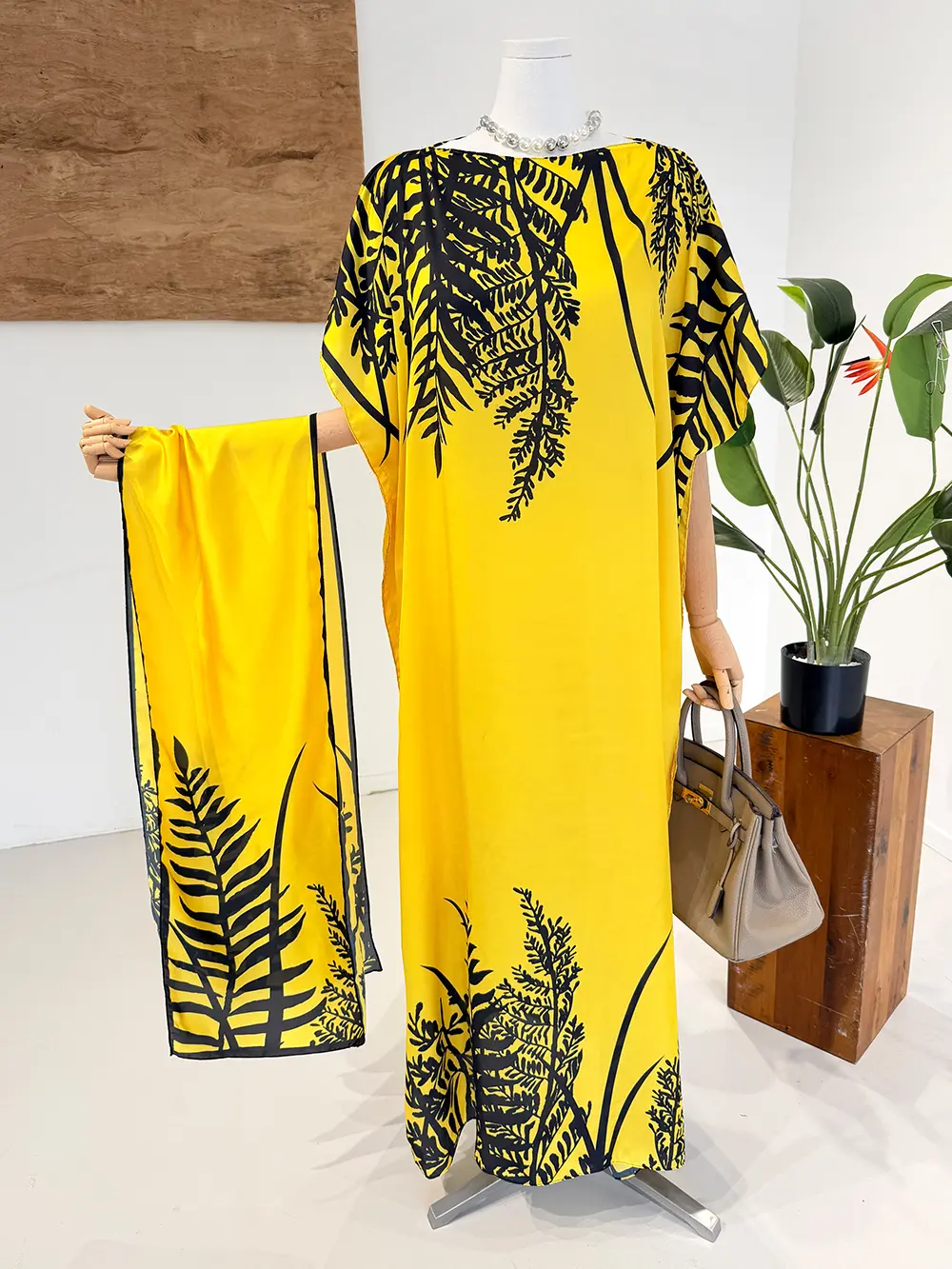 Women's Silky Batwing-Sleeves Floral Print Lightweight 3-Piece Loungewear Set, Woven Fabric Casual Fit Robe + Moomoo Dress + Scarf Headband, Thin All-Season Beach Sun Protection Wear