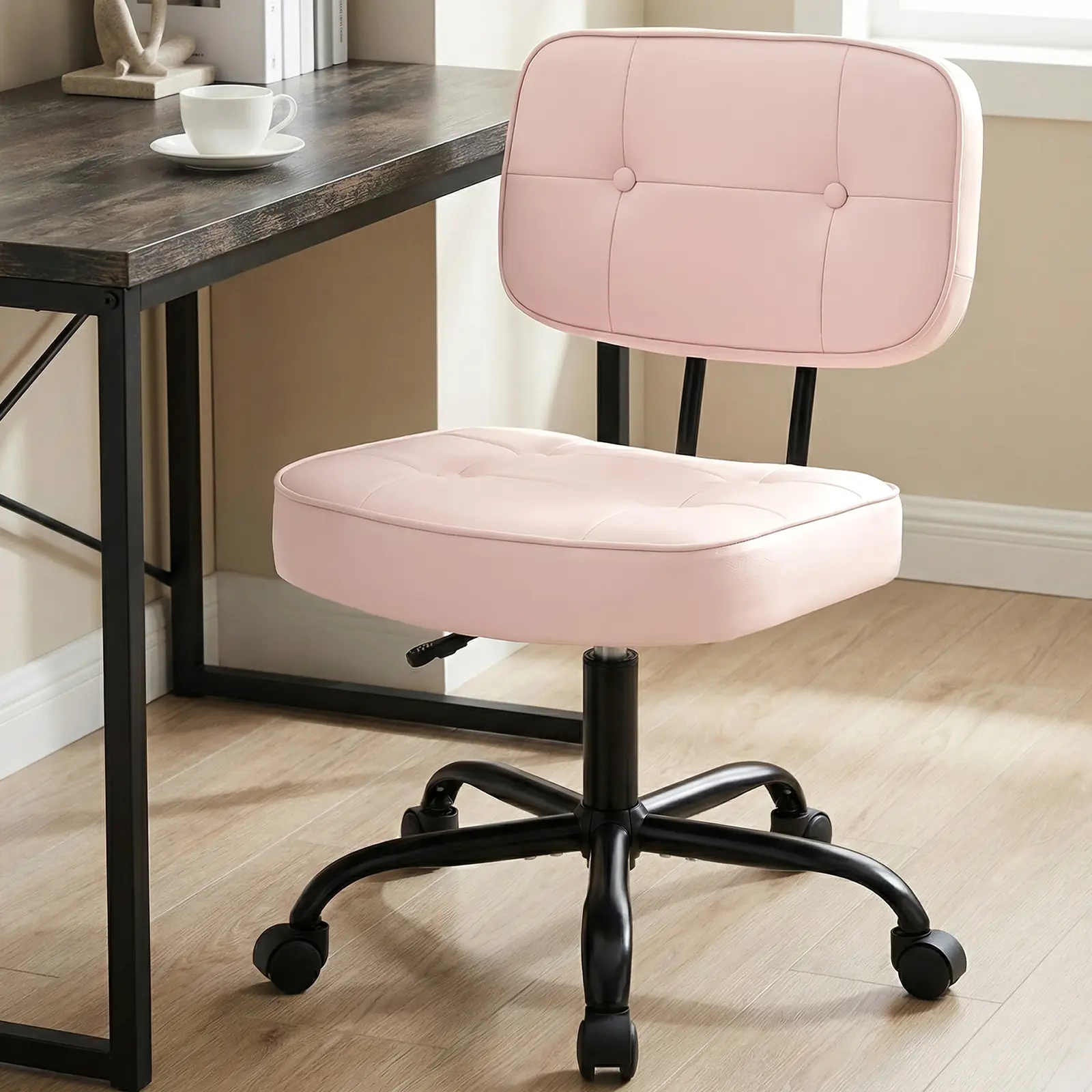 Sweetcrispy Vertical Grain PU Leather Vanity Swivel Chair - Armless, Legged, Height-Adjustable, Rolling, U-Shaped Lumbar Support Home Office Commercial Furniture for Nail Salon, Small Spaces