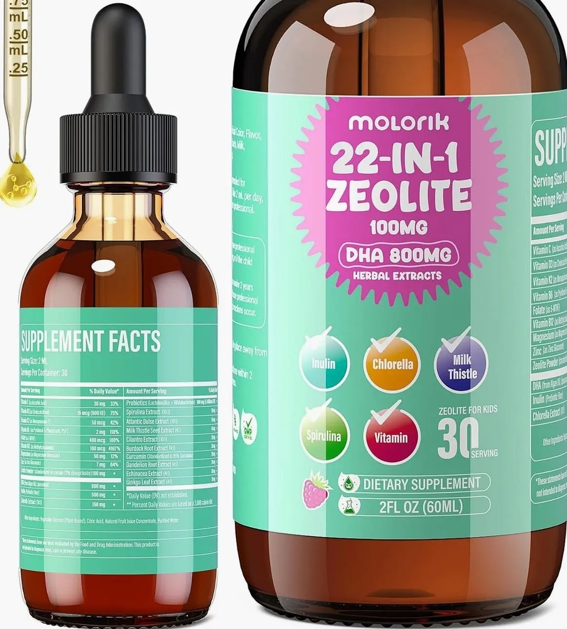 Zeolite Detox for Kids and Adults, Herbal Detox with 800mg DHA, 500mg Inulin, Probiotics & Vitamin B12, D3, C, B6, Cilantro Extract Cleanse to Support Brain, Immune, Gut, Energy, Berry Flavor, 60ML