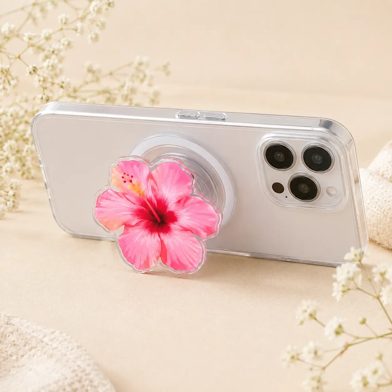 Pink Hibiscus Flower MagSafe Phone Grip - 2D Magnetic Phone Holder & Kickstand - Tropical Floral Gift