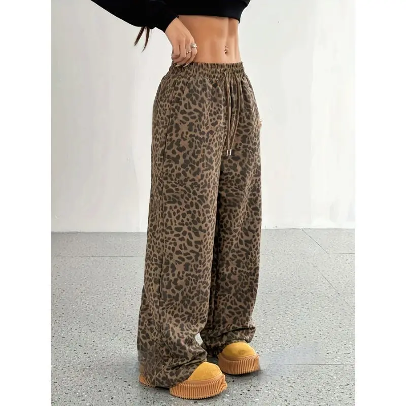 Women's Leopard Baggy Wide Leg Sweatpants Drawstring High Waisted Cheetah Print Lounge Barrel Trousers with Pockets Bottoms WomenswearGift Loose Oversize Oversized