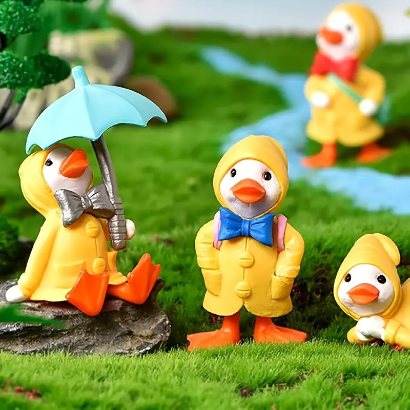 Miniature Figurines 4 Mini Ducks Fairy Garden Miniature Farm Figurines Moss Landscape Cute Ornaments Kit For Home Outdoor Décor Gift Desk Decorations (4 Mini Ducks In Yellow Raincoat)
