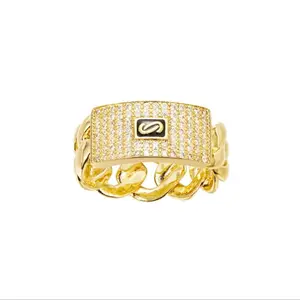 14K Gold Plated lced Out Cuban Link Ring - Bling Initial "S"Zircon Ring for Men- Hip Hop Streetwear Jewelry fashion ring on rings star gift bigrings
