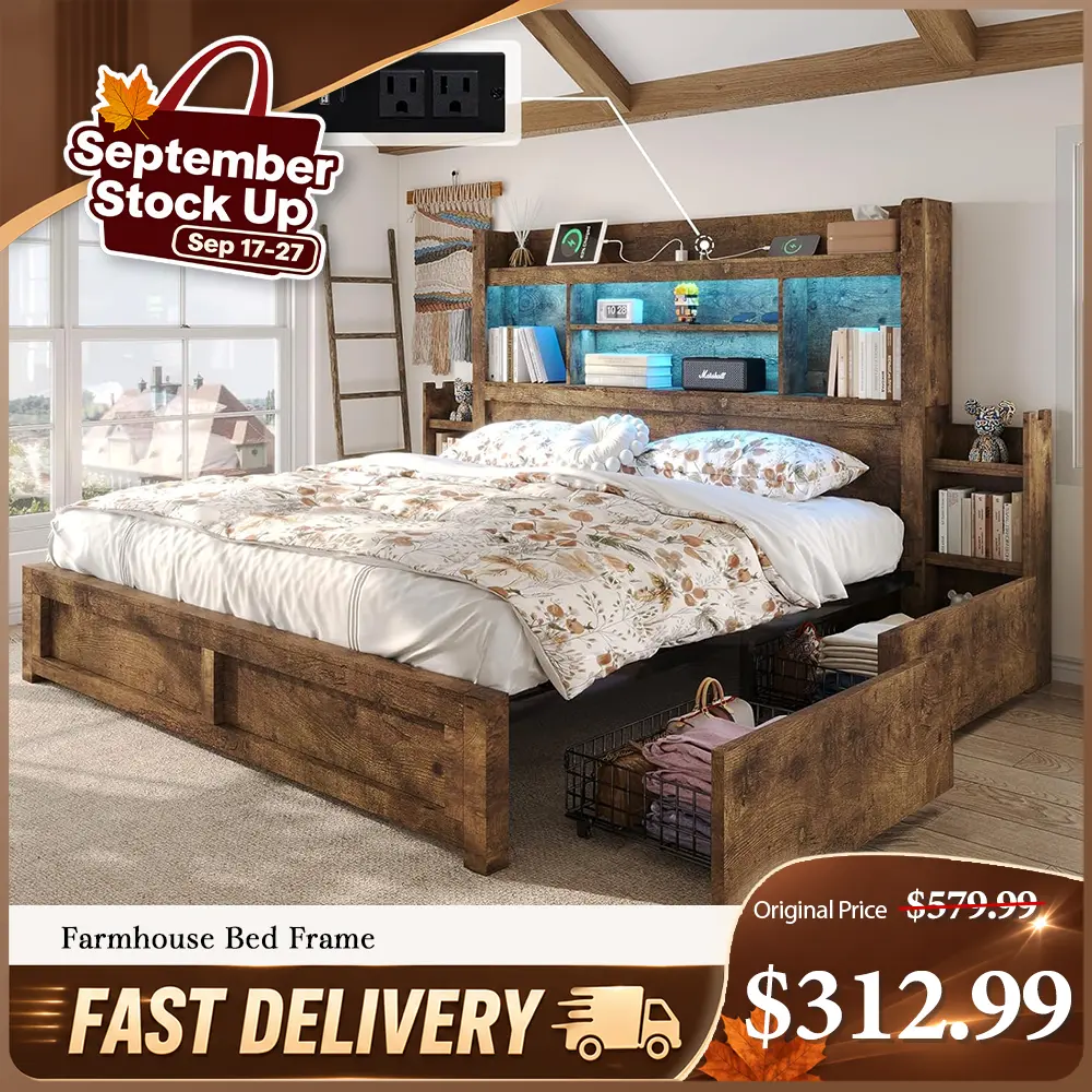 【Ships in 2 Boxes】AMERLIFE Bed Frame with 49.6" Bookcase Headboard & 2 Bedside Stoage Racks & 4 Drawers, Farmhouse Wood Bed Frame with RGB LED & Charging Station, No Box Spring Needed #SohoChic