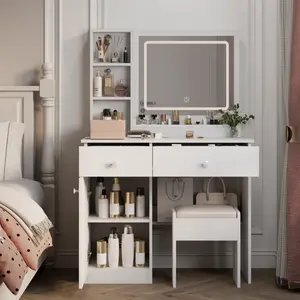 LED Vanity Table with 3-Color Lighting & Large Mirror - Multi-Storage Drawers Side Shelves for Bedroom Makeup