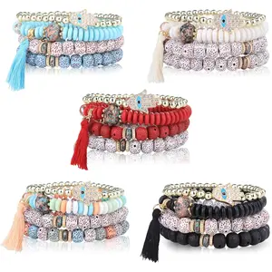 FINREZIO 5 Sets Colorful Boho Lava Rock Beaded Stackable Bracelets for Women Men Natural Stone Evil Eye Charm Stretch Bracelets with Tassel Durable Fashion Jewelry Set for Summer Vacation Aromatherapy Gifting