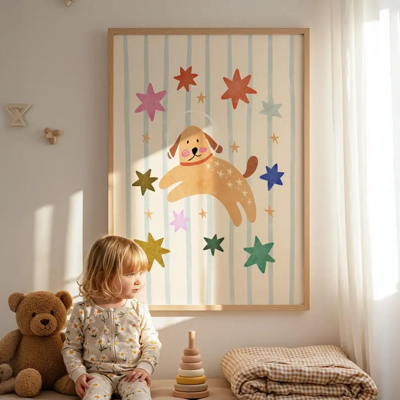 Dog Astronaut Stars Print, Colorful Kids Playroom Poster, Toddler Wall Decor, UNFRAMED