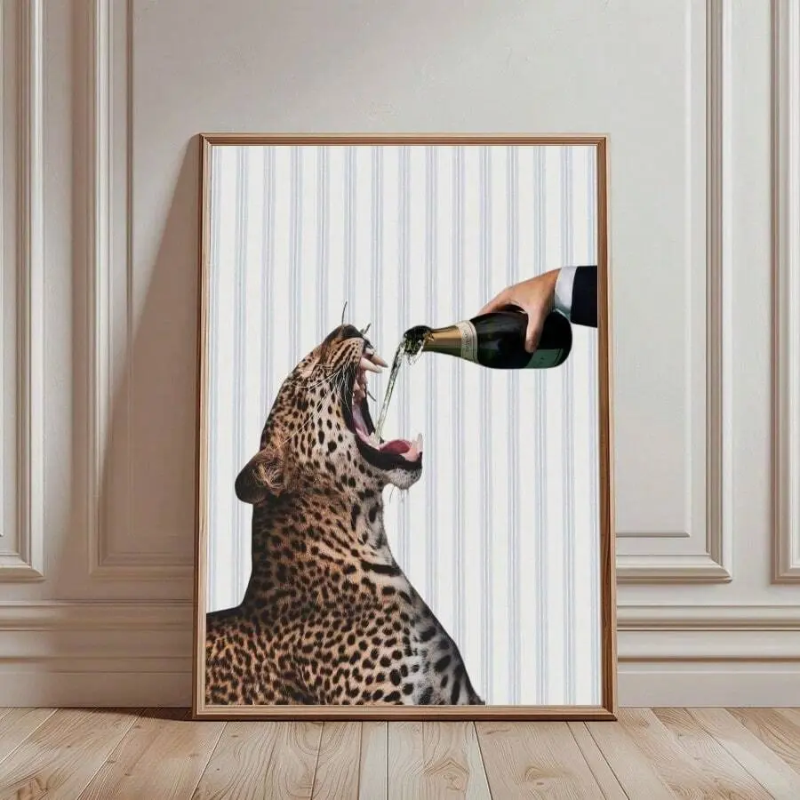 Leopard Drinking Canvas Art Print, Leopard Wall Decor, Modern Animal Art for Bar Kitchen Restaurant Indoor Outdoor Use