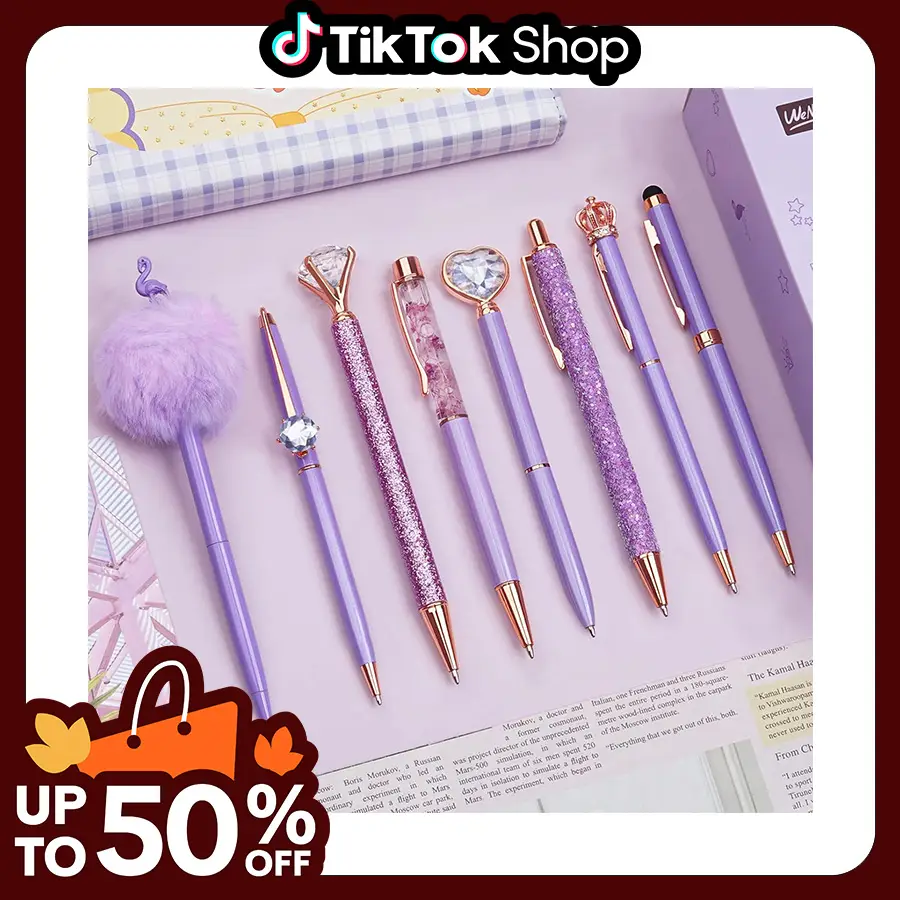 WEMATE 8Pcs Ballpoint Pens Set, Ballpoint Pen Bling for Women, Girly Pens, Black and Blue Ink Ball Point Pen Gift, School and Office Supplies for Girl