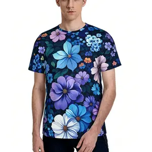 Blue and Purple Floral Dreamland Summer Full-Print Short-Sleeve 3D Printed T-Shirt Unisex Outdoor Comfortable Top Party Clothes Couple Pattern Gift for Friends