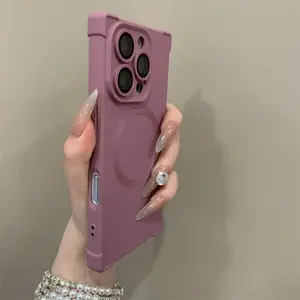 Magnetic 17promax 17Air Pink Customized Square Phone Case with Silicone Strap & Corner Protection Shockproof Cover for 16promax 15 14 13 Models - Cellphone Protective Casing Smartphone Protector