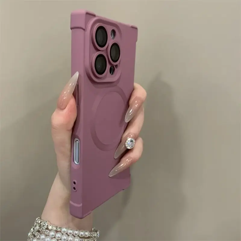 Magnetic 17promax 17Air Pink Customized Square Phone Case with Silicone Strap & Corner Protection Shockproof Cover for 16promax 15 14 13 Models - Cellphone Protective Casing Smartphone Protector