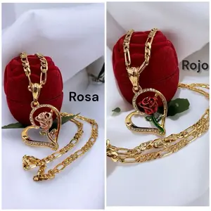 Rosa 14k Gold-Plated Heart Pendant Necklace with Rose Adornment 20-Inch Figaro Chain Copper Base Metal Elegant Design Perfect Gift