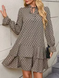 Boho Style Dress, Bohemian Sun Dress, Full Body Rhombic Print, V Neck Tie Long Sleeve Dress, Elegant Women's Fashion, Perfect for Casual Wear