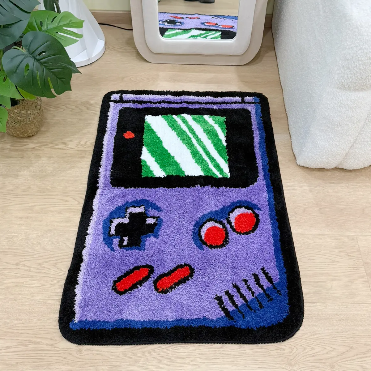 Retro Handheld Game Console Shaped Fluffy Floor Mat - 40x60cm Indoor Non-Slip Rug, Machine Washable Soft Absorbent Modern Nostalgic Decor for Game Room, Bedroom, Entrance Way