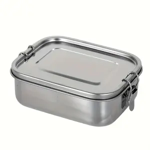 1 PC Square Stainless Steel Lunchbox No Partition Big Capacity Buckle Closure Metal Food Container with Lid Hand Wash Eco Friendly for Kids Adults