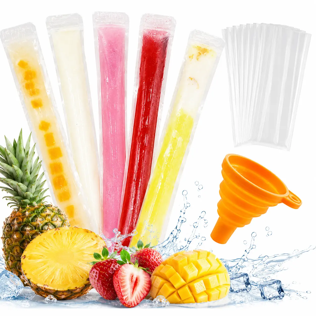 100-Pack Stand-Up Ice Pop Bags Set - Disposable BPA-Free Thick Extra-Large Leakproof Zip-Seal Plastic Freezer Tubes with Funnel for Kitchen Homemade Popsicles, Chocolate, Cream, Greek Desserts, Family Gatherings (Tear-Ready Design)