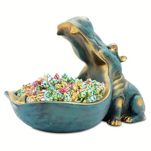 Hippo Statue, Deep Blue Resin Hippo Sculpture, Animal Resin Figurine, Fun Candy Tray & Key Bowl, Large Mouth Desktop Art, Unique Home Decor & Novel Gift Idea