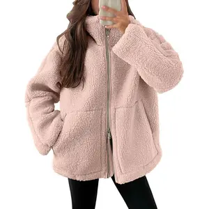 Women’s sherpa wool zip-up jacket, oversized warm teddy bear jacket, winter pocket plush jacket, comfortable casual front zipper, furry jacket, autumn and winter