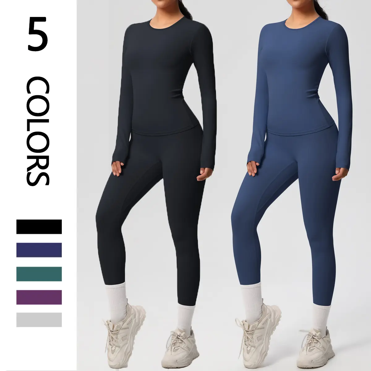 Women's 2 Piece Stretchy Suit Set - Solid Long Sleeve Round Neck Top & High Waist Skinny Leggings Ladies Tracksuit, Workout Gym Clothing Sports Clothes for Fall/Winter Gym, Running Training