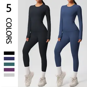 Women's Solid Long Sleeve Tee & High Waist Leggings Tracksuit Set, Sporty Round Neck Top & Skinny Pants Two-Piece Outfit for Gym Workout, Fall/Winter Running Wear Training Clothes
