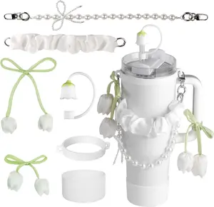 7 count Cup Accessories Set for  Cup 30oz 40oz tumbler with handle,  Set, Bow Decoration&Ribbon Handle, Straw topper cover, Boot (White)