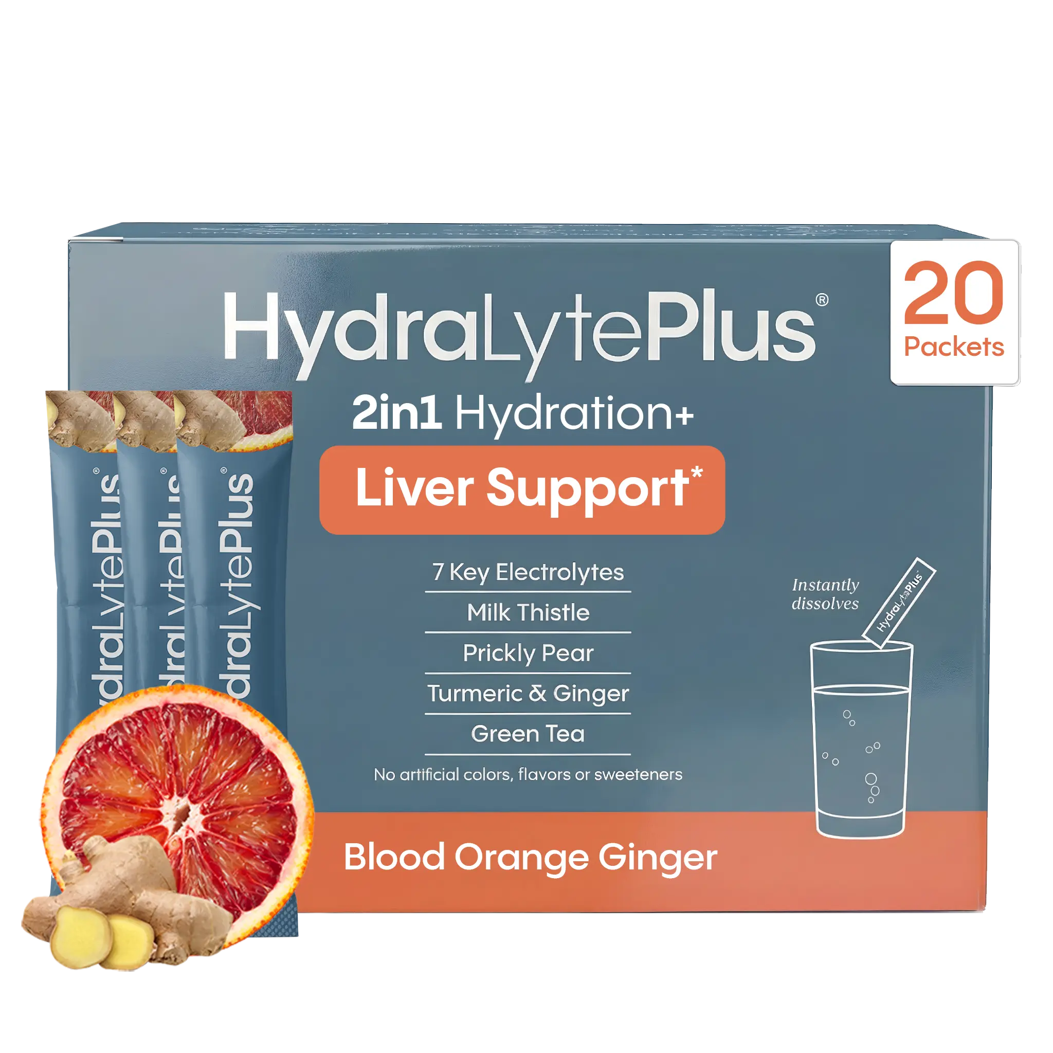 HydraLyte Plus Liver Support - Low Sugar Recovery & Hydration Powder | Electrolytes with Milk Thistle | Blood Orange (20 Servings)