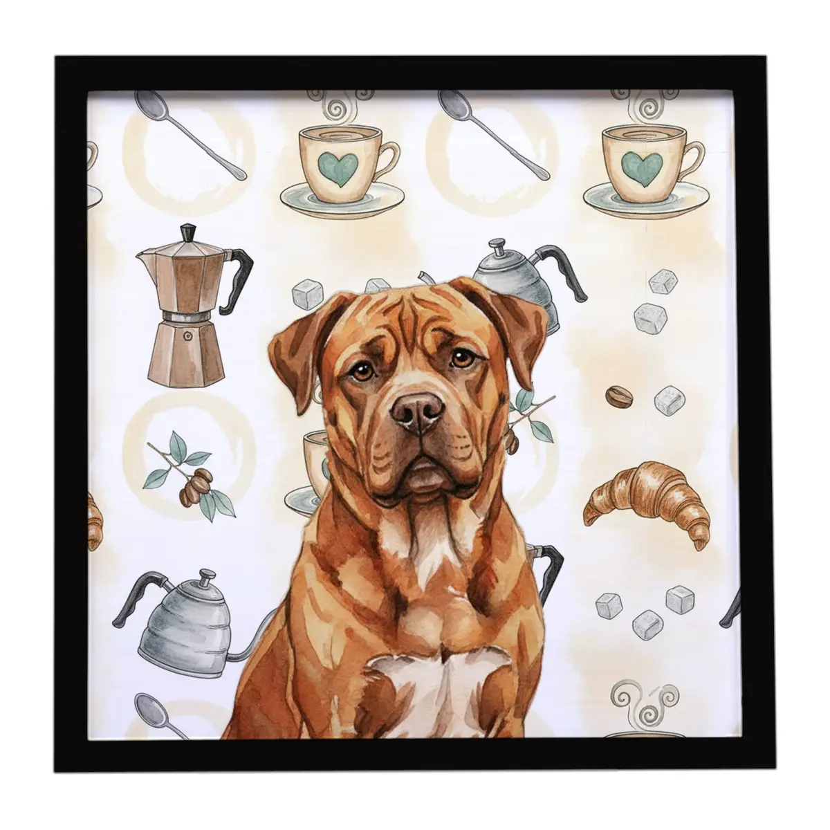 Carolines Treasures WDK7413MFP88 8x8 in. Mahogany Framed Metal Dogue De Bordeaux Coffee Bar Artwork - Artistic Contemporary Art Decoration, Hanger-Included Wall Decor Print, Home Supplies Gift