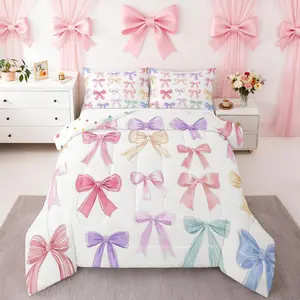 Girls Bow Bedding Set,Colorful Bowknot Duvet Insert For Women Girl Butterfly Ribbon Knot Comforter Set,Lovely Dreamy Princess Style Comforter Cute Bow Tie Quilt Kids Preppy Room Decor