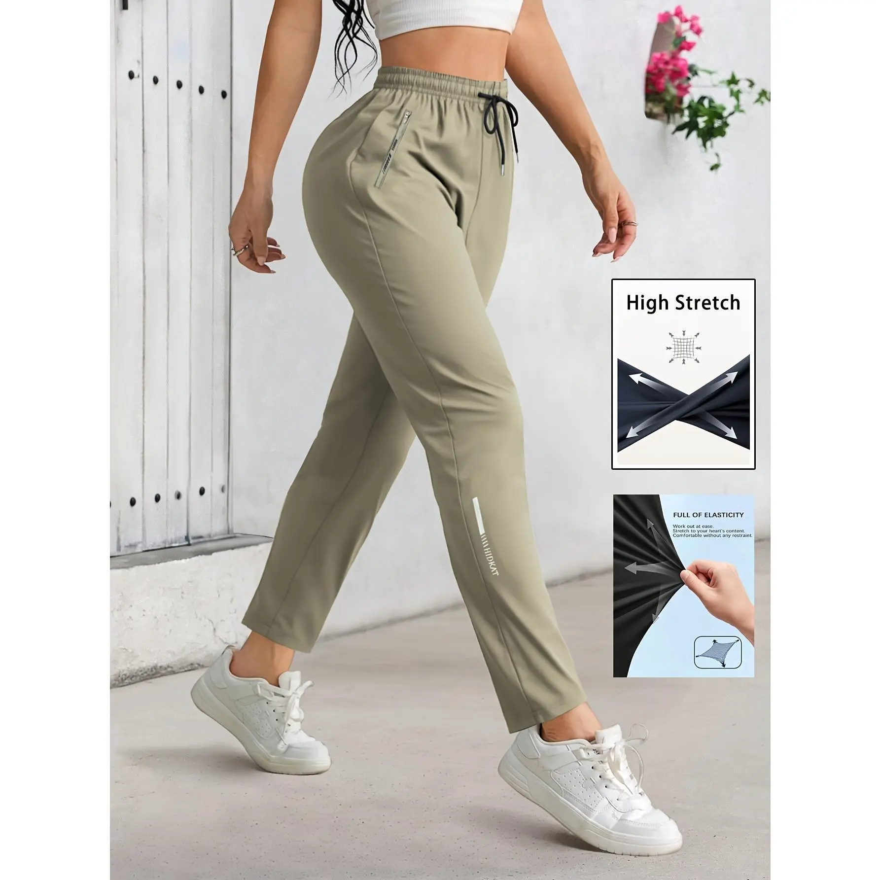 Women's high elasticity drawstring elastic waist casual sports pants Zipper pocket breathable straight leg fitness commuting pants Multi color versatile loose slimming outdoor running sweatpants