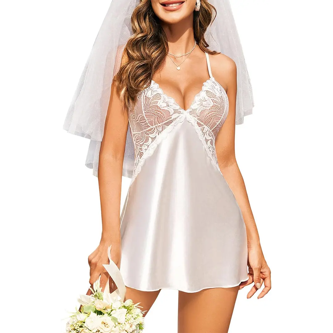 Women's Silky Satin V-Neck Lace Chemise - Floral, Simple Lady's Mini Teddy Sleepwear with Bottom, Basic