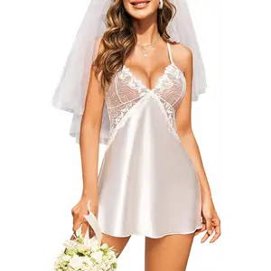 Women Lingerie V Neck Nightwear Satin Sleepwear Lace Chemise Mini Teddy