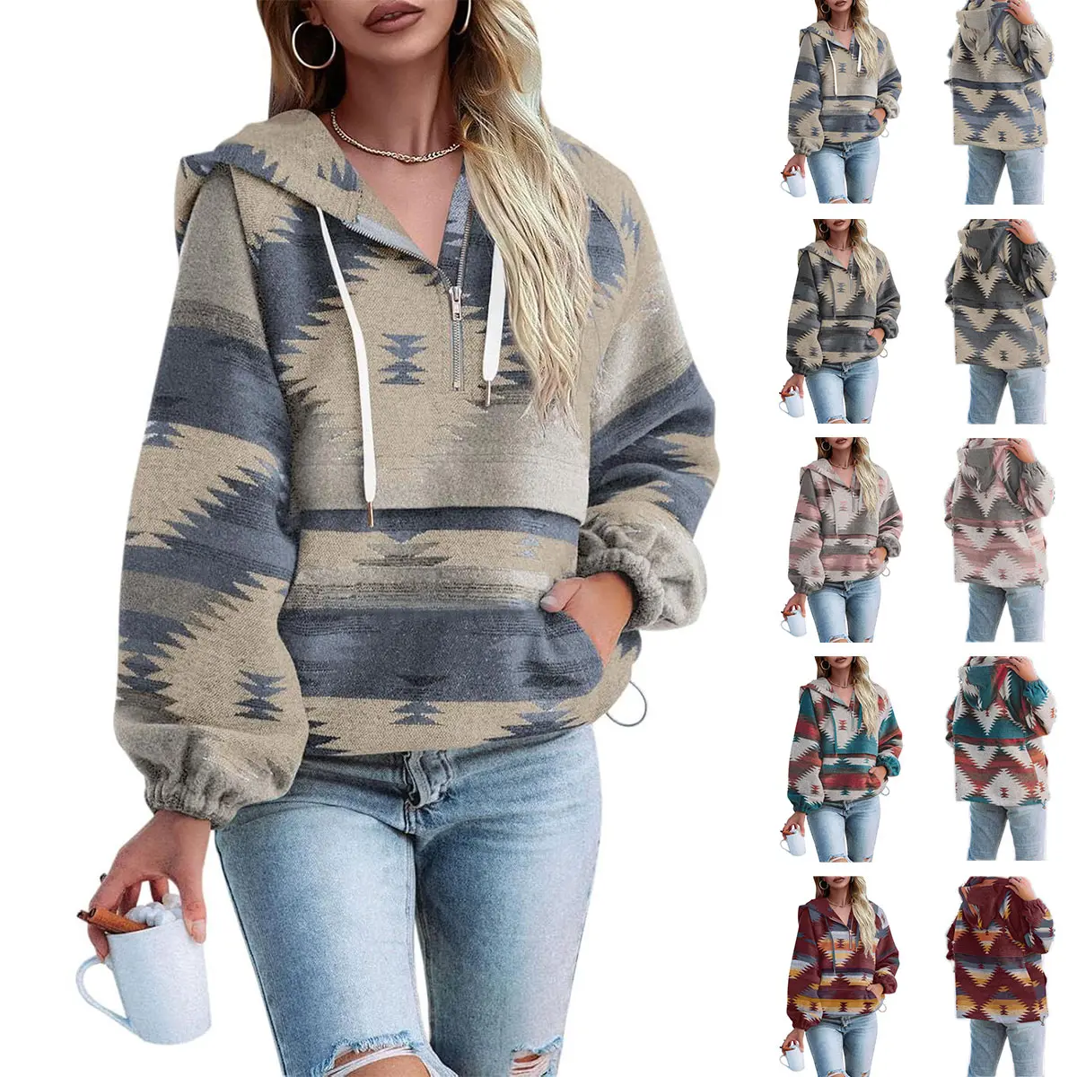 Imily Bela Womens Aztec Half Zip Up Hoodies Sweatshirt Casual Long Sleeve Oversized Ethnic Tribal Hooded Pullover Shirt Top