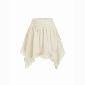 Cider Satin Lace Ruched Mid Rise  Asymmetrical Hem Mini Skirt Beige Womenswear