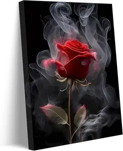 Romantic Red Rose Canvas Wall Art Abstract Smoke Rose Wall Decor Picture Modern Flower Poster Print Printing for Living Room Bedroom Bathroom Decoration Ready To Hang Gift Ornaments vintage living room Photo Artistic Hanging perfect decor