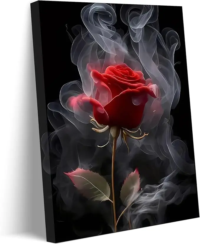 Romantic Red Rose Canvas Wall Art Abstract Smoke Rose Wall Decor Picture Modern Flower Poster Print Printing for Living Room Bedroom Bathroom Decoration Ready To Hang Gift Ornaments vintage living room Photo Artistic Hanging perfect decor